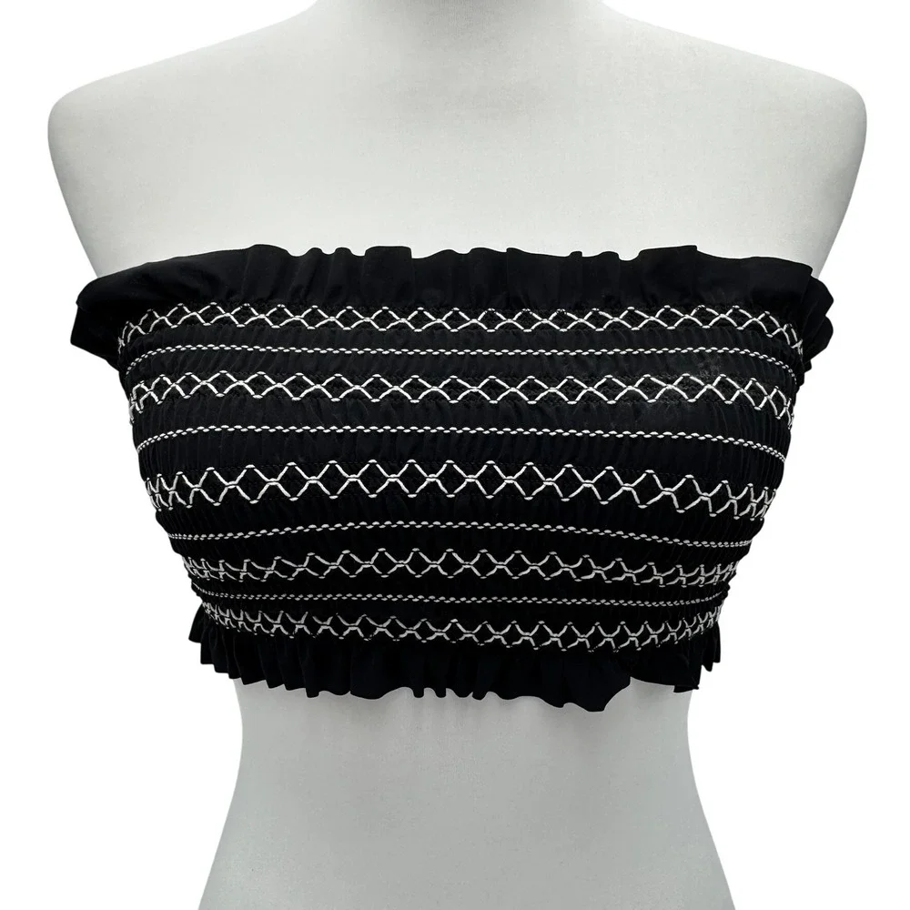 TORY BURCH NEW Small Black White Smocked Embroidered Bandeau Costa Bikini Top